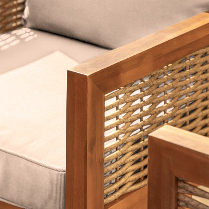 Gallery Garden Belize Lounge Set is crafted from beautiful acacia wood with woven wicker panels and includes generously padded seat cushions