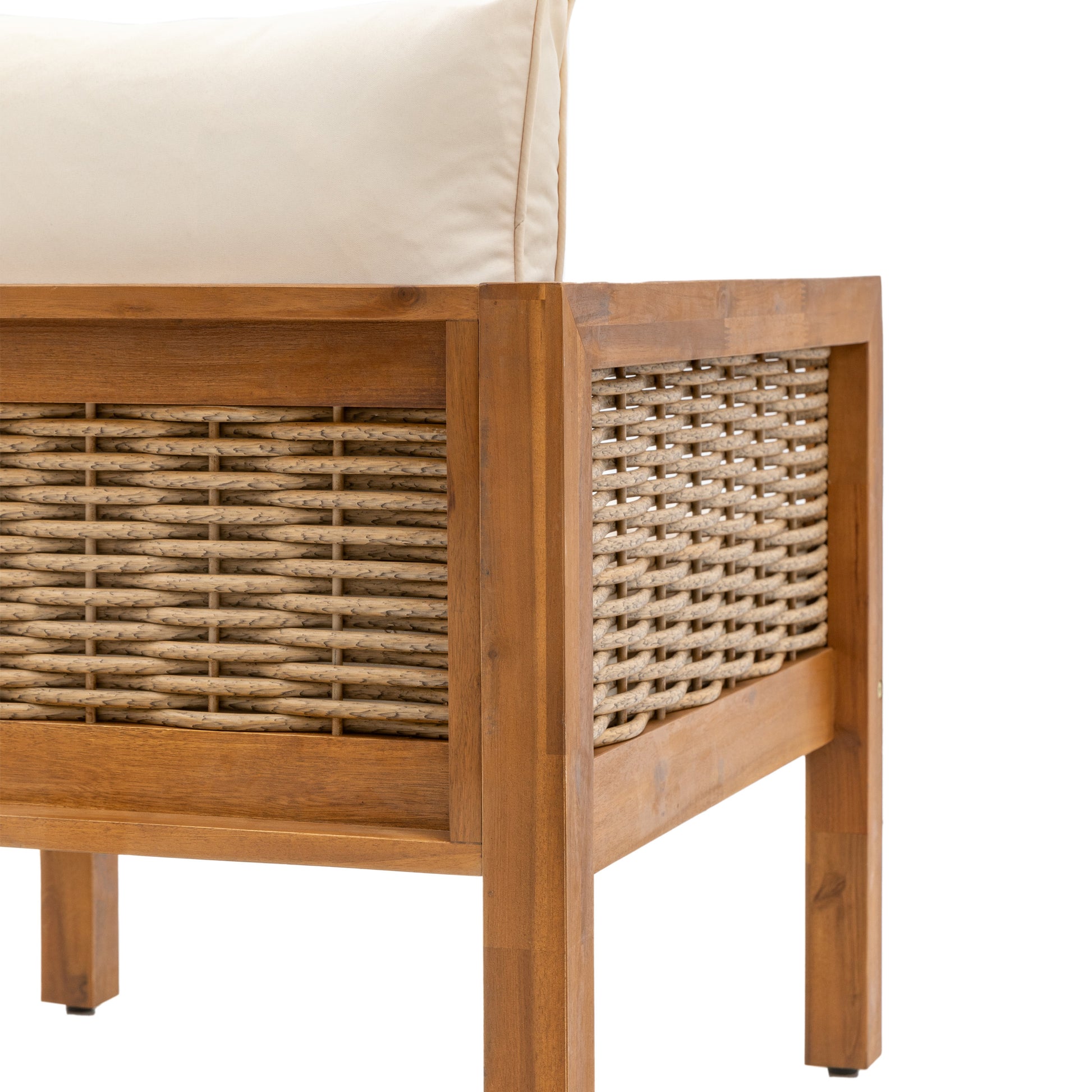 Gallery Garden Belize 4 Piece Lounge Set crafted from solid acacia wood with woven wicker detailing and sumptuously padded cushions