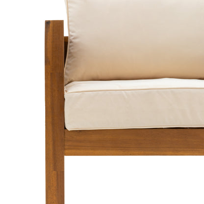 Gallery Garden Belize Lounge Set includes a 3 seater sofa, 2 armchairs and a coffee table with beautiful acacia wood frames, woven wicker detailing and plush natural coloured cushions
