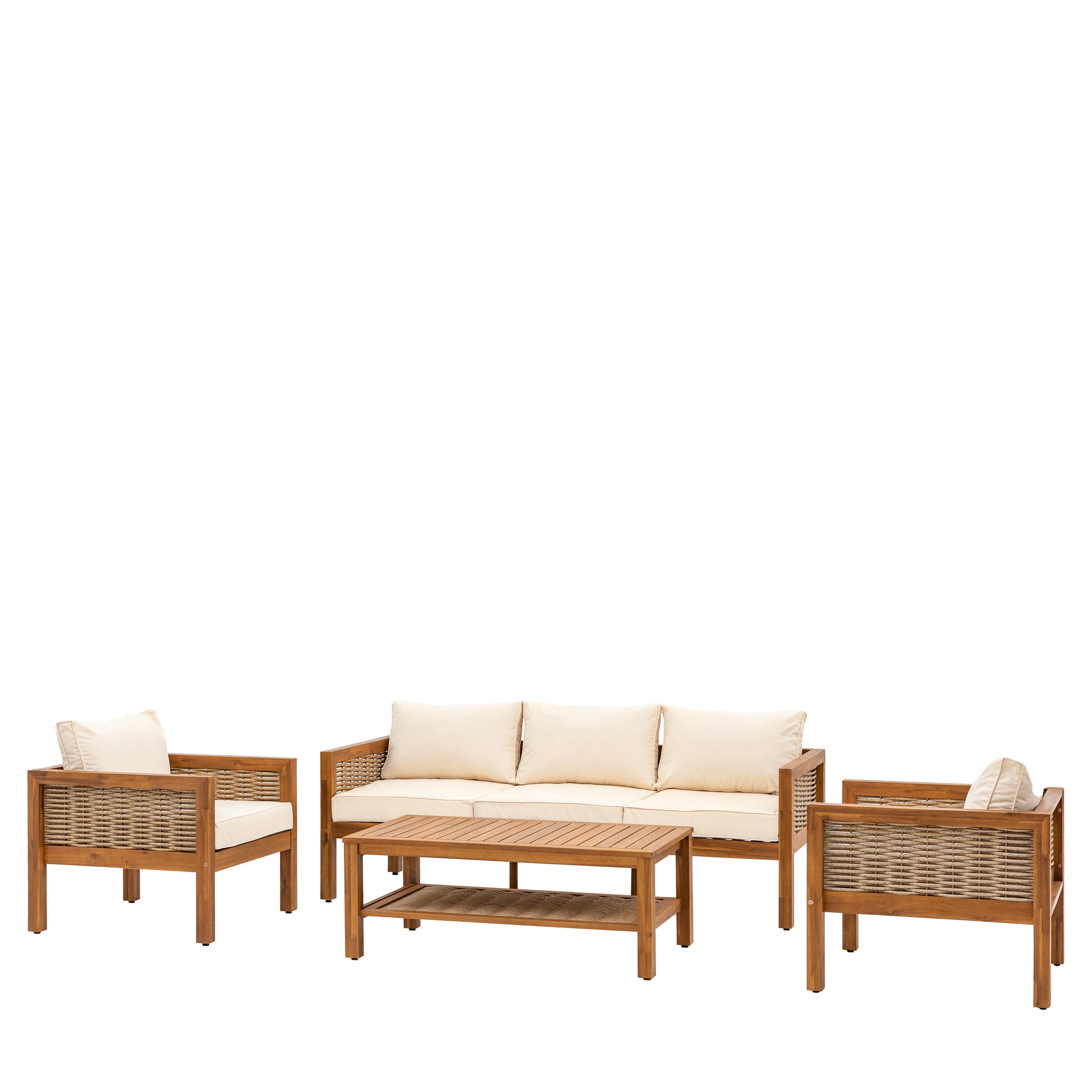 Gallery Garden Belize Lounge Set includes a 3 seater sofa and 2 armchairs crafted from acacia wood and woven wicker with natural colour cushions, and a matching rectangular coffee table with lower shelf