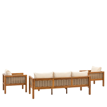 Gallery Garden Belize Lounge Set features a 3 seater sofa and 2 armchairs crafted from acacia wood with woven wicker detailing, and plush natural coloured cushions