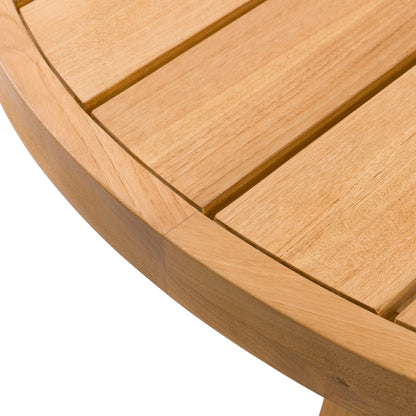 Gallery Garden Chatsworth Round Dining Table features a teak wood table top with grooved detail
