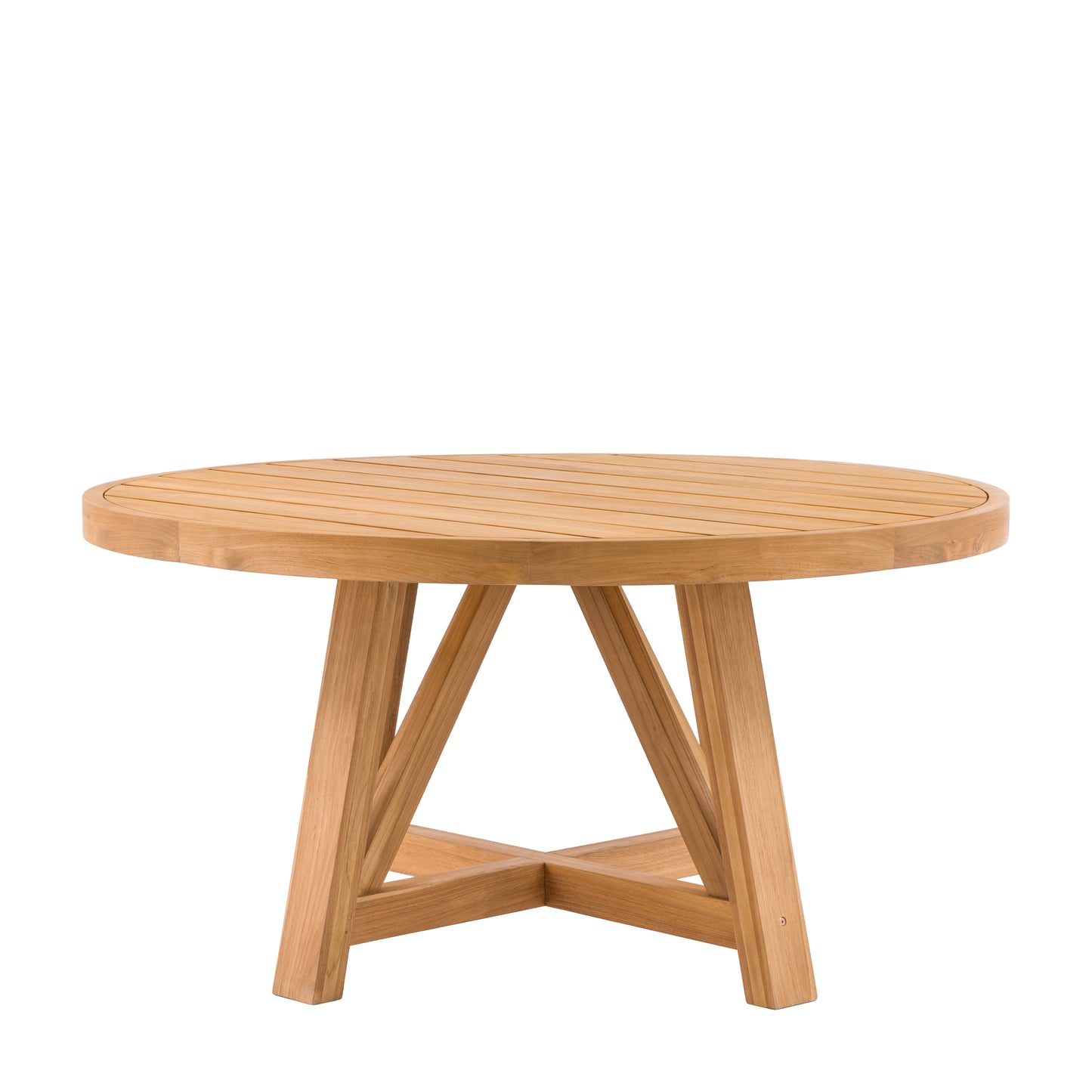 Gallery Garden Chatsworth Round Teak Dining Table can seat 4 people and features a grooved table top and trestle base