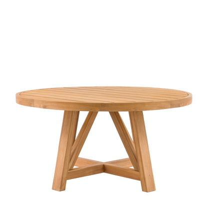 Gallery Garden Chatsworth Round Teak Dining Table can seat 4 people and features a grooved table top and trestle base
