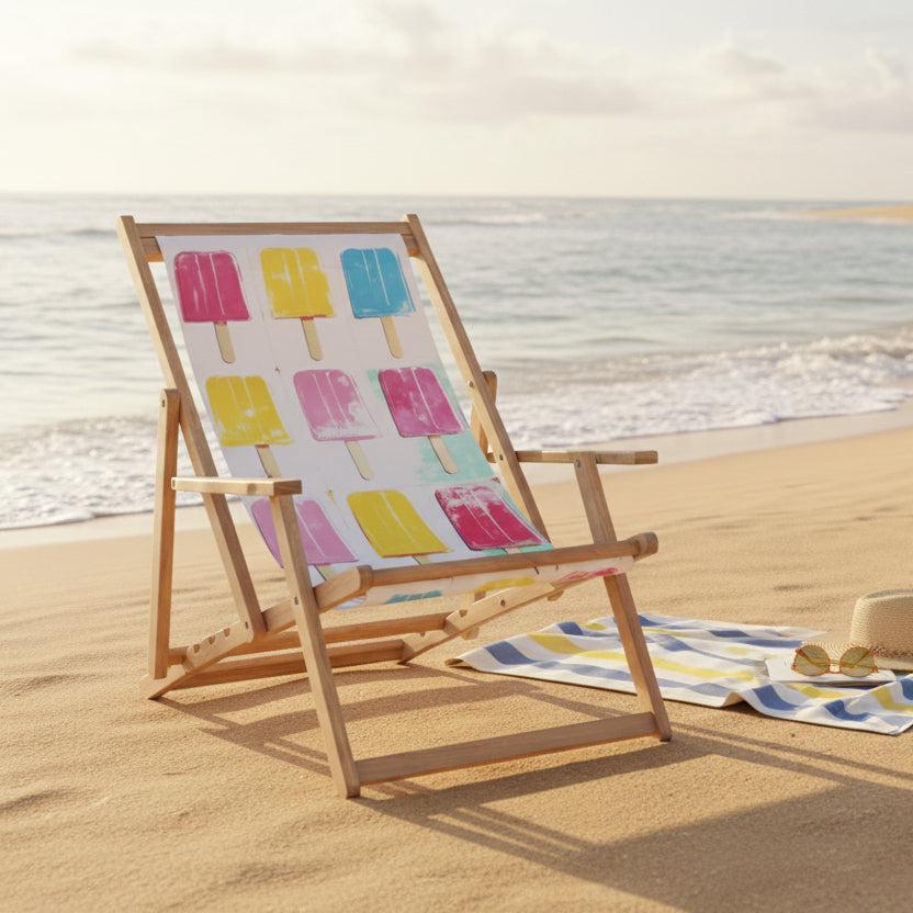 Gallery Garden Creta Deck Chair is made from premium acacia wood with 3 position recline and an Ice Lollies design canvas seat