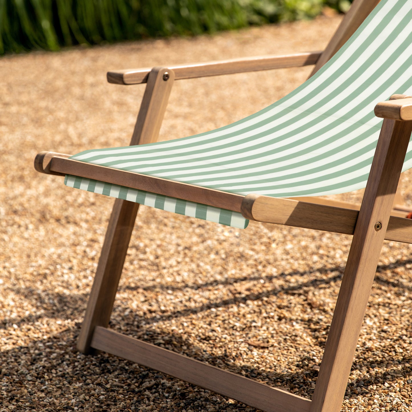 Gallery Garden Creta Deck Chair in Green and white striped fabric with a premium acacia wood folding frame