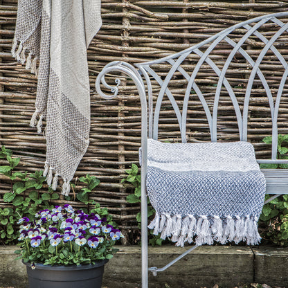 Gallery Garden Duchess Bench in a Distressed Grey metal frame with scroll style arms and curved back design