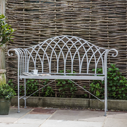 Gallery Garden Duchess Metal Bench Painted in a Distressed Grey colour with scroll-style arms and a curved back design