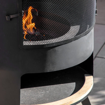 Gallery Garden Foligno Chiminea with Pizza Shelf and fire chamber, with an elevated flue in black metal and mesh front
