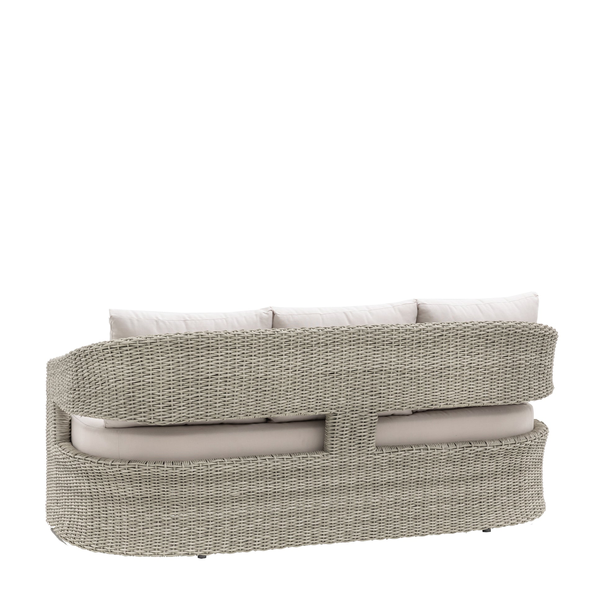 Gallery Garden Hvar 3 Seater Sofa with a wicker frame in a neutral grey tone, with cut-out back design and natural coloured cushions