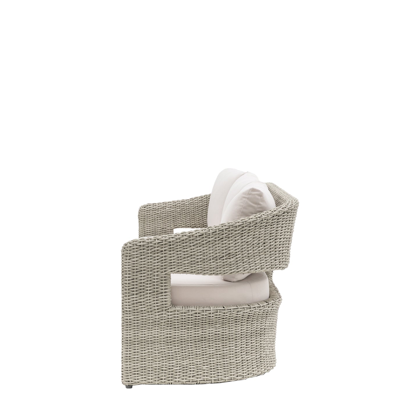 Gallery Garden Hvar 3 Seater Sofa features a grey toned, curved wicker frame with cut-out design, and natural coloured padded cushions