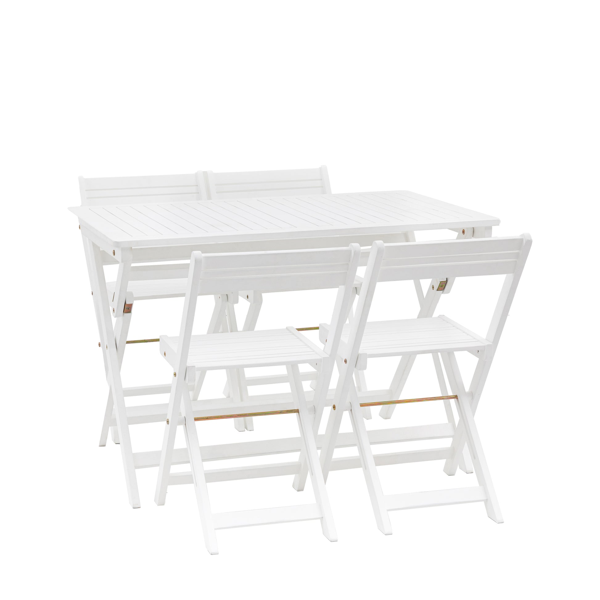 Gallery Garden Lindos 4 Seater Dining Set in White painted acacia wood, with slatted table top and 4 chairs, all can be folded away for easy storage
