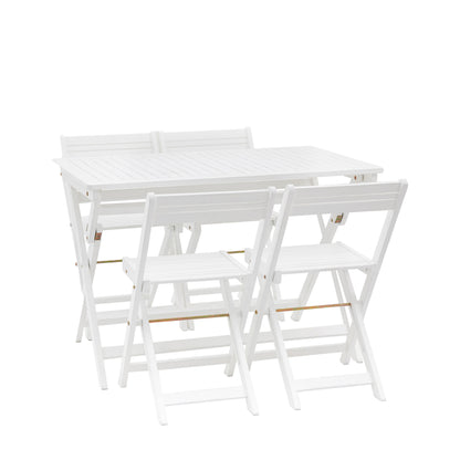 Gallery Garden Lindos 4 Seater Dining Set in White painted acacia wood, with slatted table top and 4 chairs, all can be folded away for easy storage