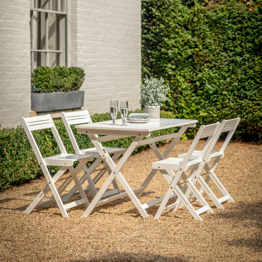 Gallery Garden Lindos Foldaway Dining Set in White painted acacia wood, with 4 chairs and a slatted table 
