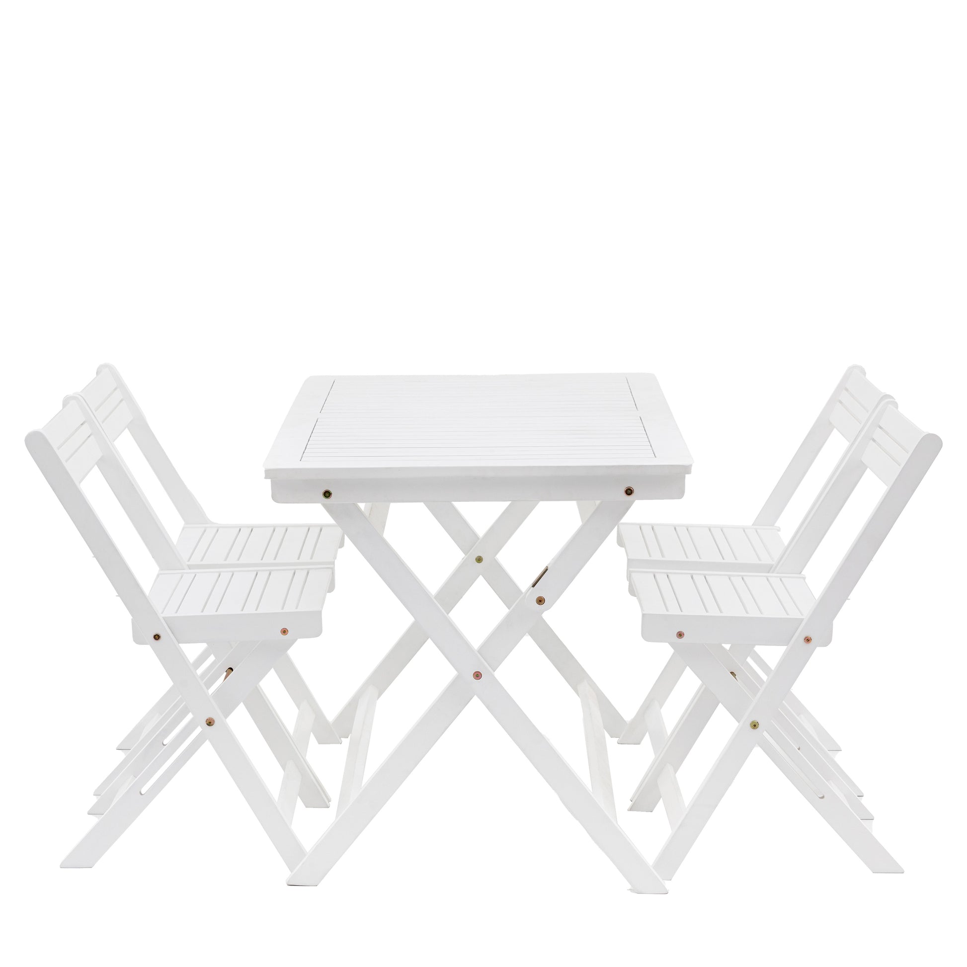 Gallery Garden Lindos Foldaway Dining Set in White, features 4 folding chairs and a table with slatted top