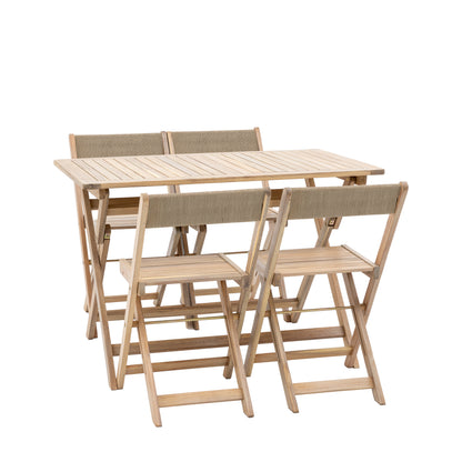 Gallery Garden Lindos Dining Set features 4 chairs and a rectangular table in Natural acacia wood with rope detail backrest. All pieces can be folded for easy storage