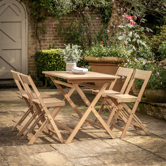 Gallery Garden Lindos Folding Dining Set in Natural acacia wood with 4 chairs and a rectangular table with slatted top