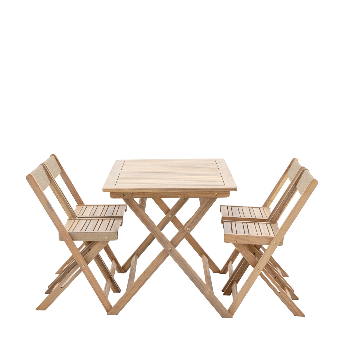 Gallery Garden Lindos Folding Dining Set, features 4 folding chairs and a folding table in natural acacia wood