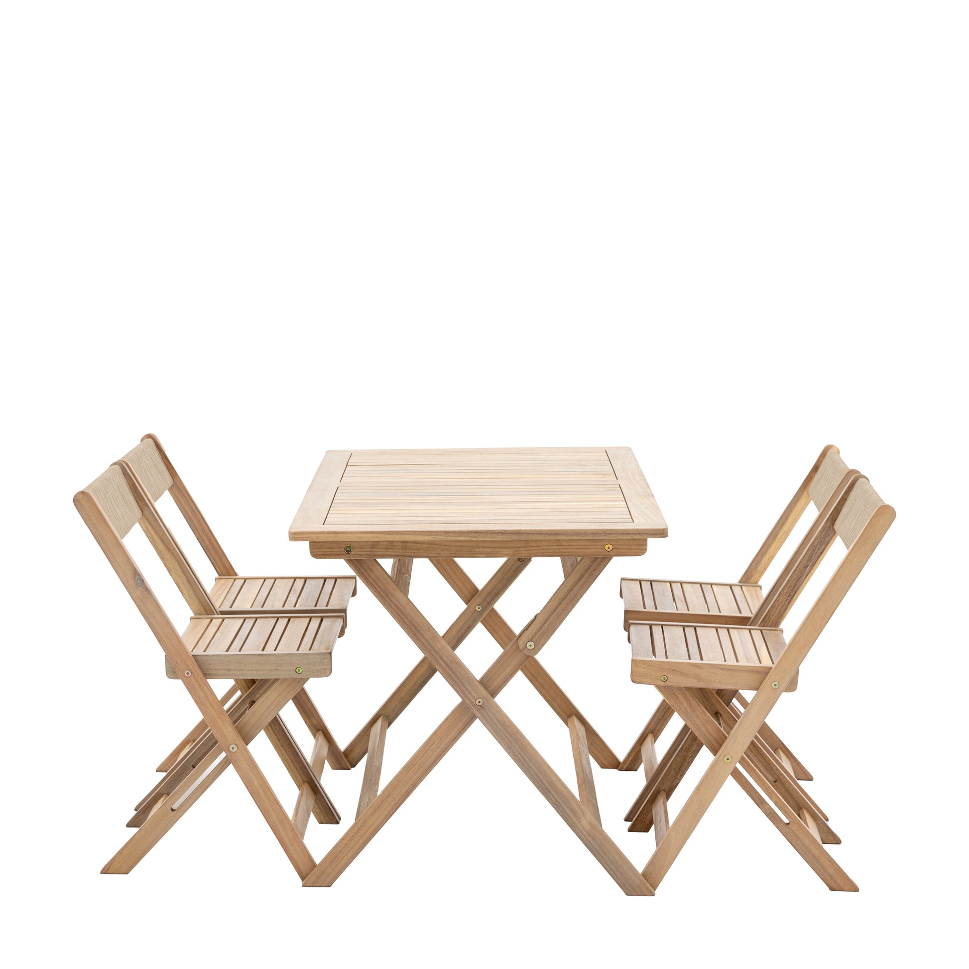 Gallery Garden Lindos Folding Dining Set, features 4 folding chairs and a folding table in natural acacia wood