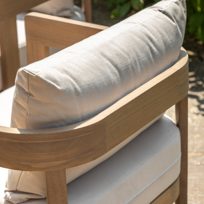 Gallery Garden Madeira Lounge Set features a 2 seater sofa and 2 armchairs with padded cushions, plus a coffee table and a side table 
