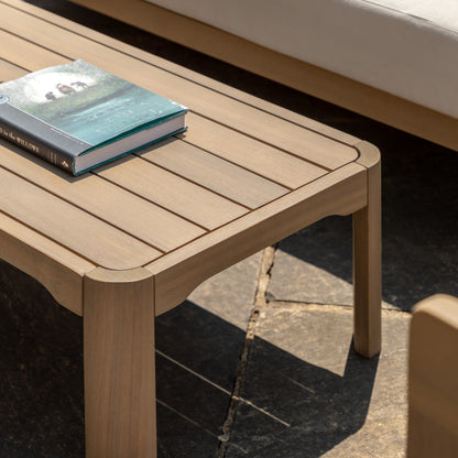 Gallery Garden Madeira 5 Piece Outdoor Lounge Set features a 2 seater sofa, 2 armchairs, a side table and a coffee table with grooved table top and curved edged legs
