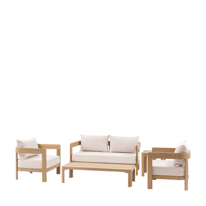 Gallery Garden Madeira 5 Piece Outdoor Lounge Set comprises of a coffee table and side table, 2 armchairs with cushions and a 2 seater sofa with cushions