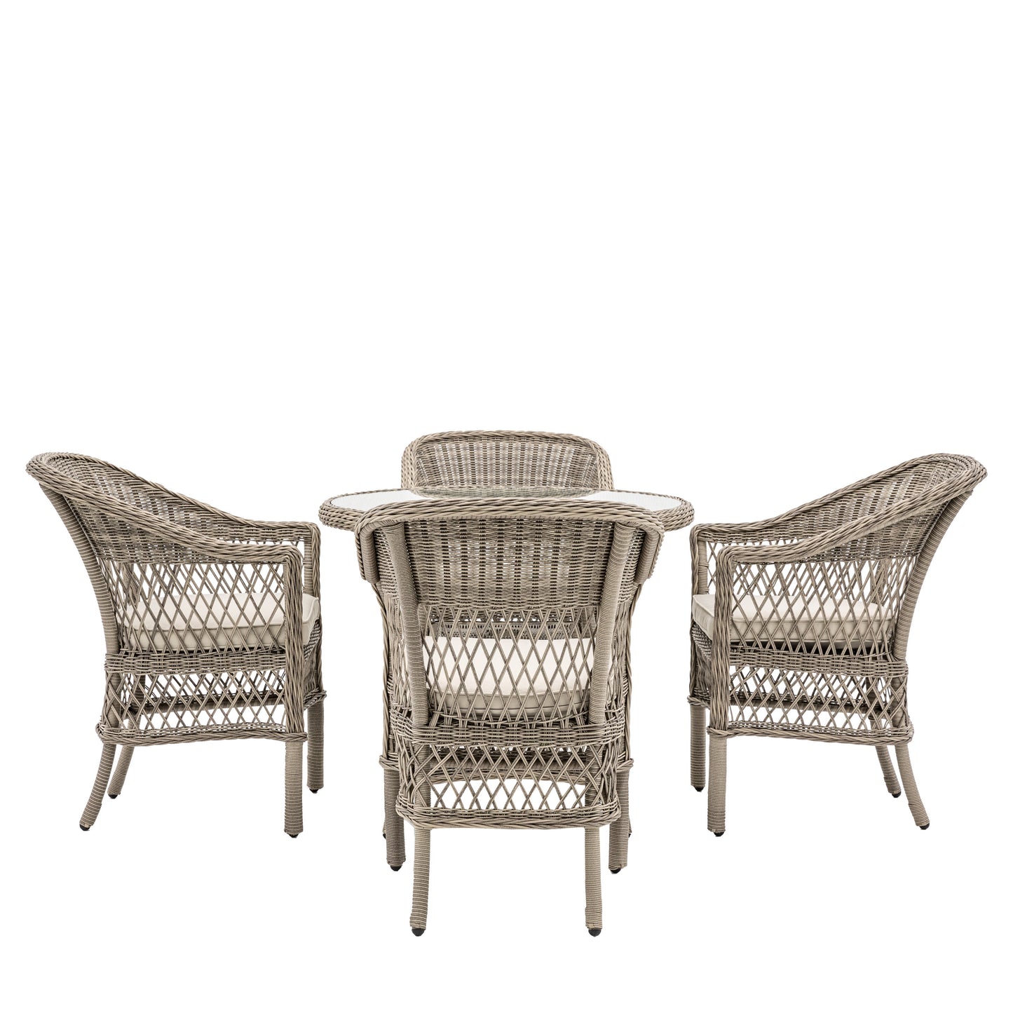 Gallery Garden Menton Dining Set features a round glass topped table with underneath shelf, and 4 armchairs with padded seat cushions, crafted from stone coloured PE rattan and aluminium
