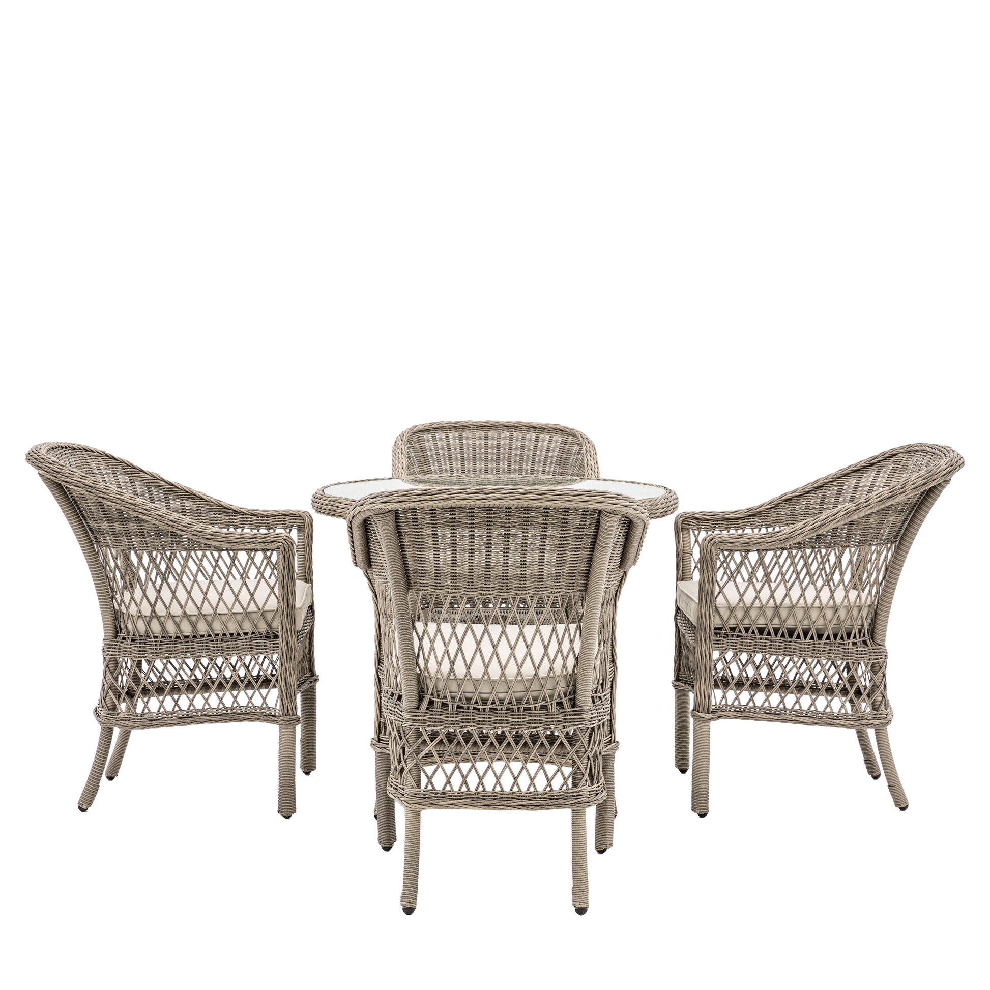 Gallery Garden Menton Dining Set features a round glass topped table with underneath shelf, and 4 armchairs with padded seat cushions, crafted from stone coloured PE rattan and aluminium