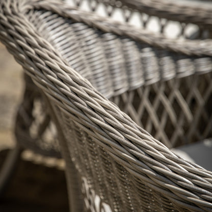Gallery Garden Menton 6 Seater Round Dining Set constructed using a stone coloured PE woven rattan