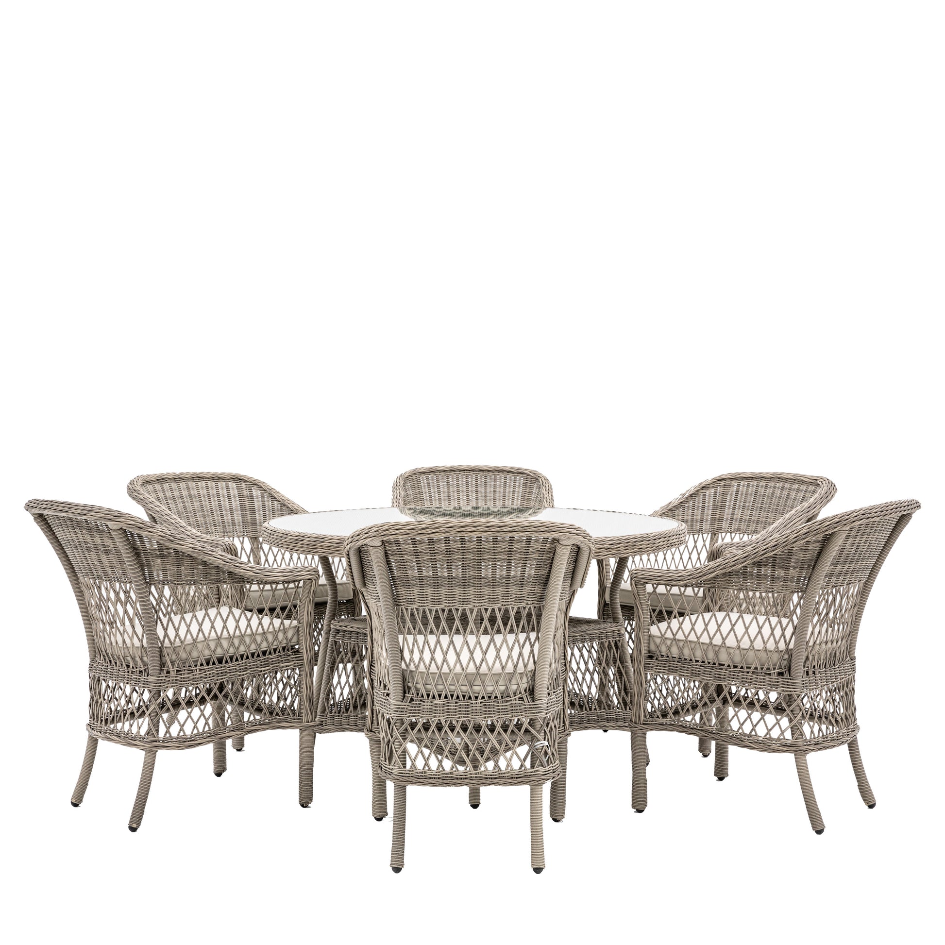 Gallery Garden Menton Dining Set features a glass topped round table and 6 matching armchairs, all constructed from PE rattan and aluminium with generously padded seat cushions 