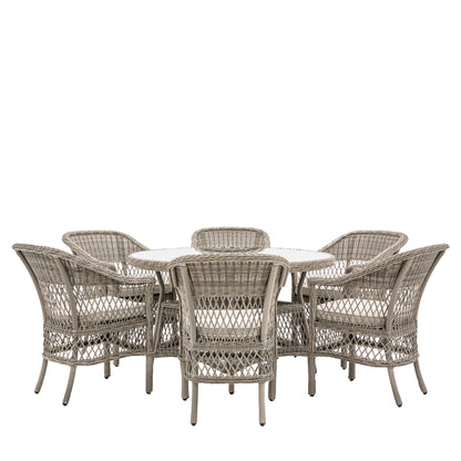 Gallery Garden Menton Dining Set features a glass topped round table and 6 matching armchairs, all constructed from PE rattan and aluminium with generously padded seat cushions 