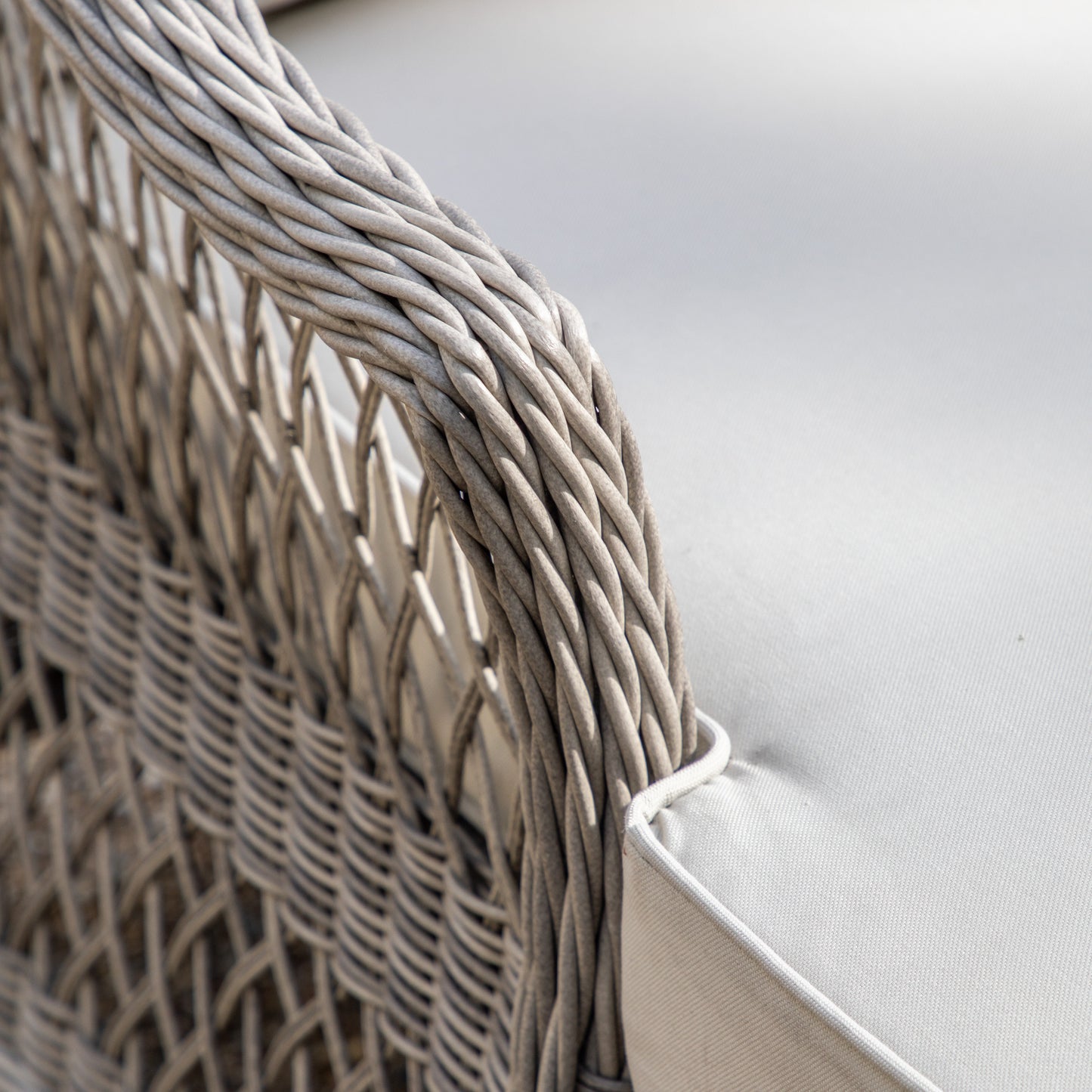 Gallery Garden Menton Chaise Set in Stone coloured PE rattan with neutral coloured plush cushions