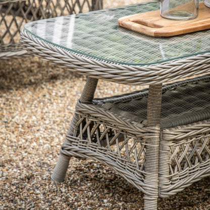 Gallery Garden Menton Chaise Set in Stone coloured PE rattan includes a glass topped coffee table with lower shelf and a chaise 3 seater sofa