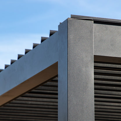 Gallery Garden Messina Pergola in Black aluminium with an adjustable louvred roof system operated by a handle winder, with a watertight seal and integrated drainage channels 