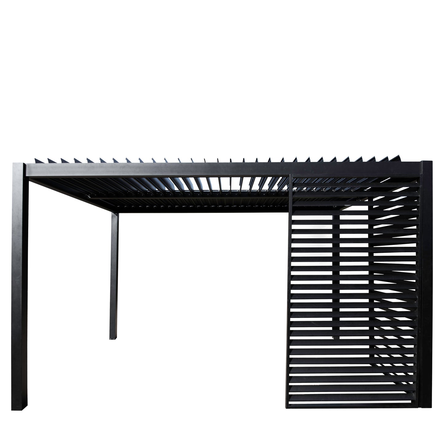 Gallery Garden Messina Pergola in Black features an aluminium frame with adjustable slatted roof. Slatted side panels are available to purchase separately