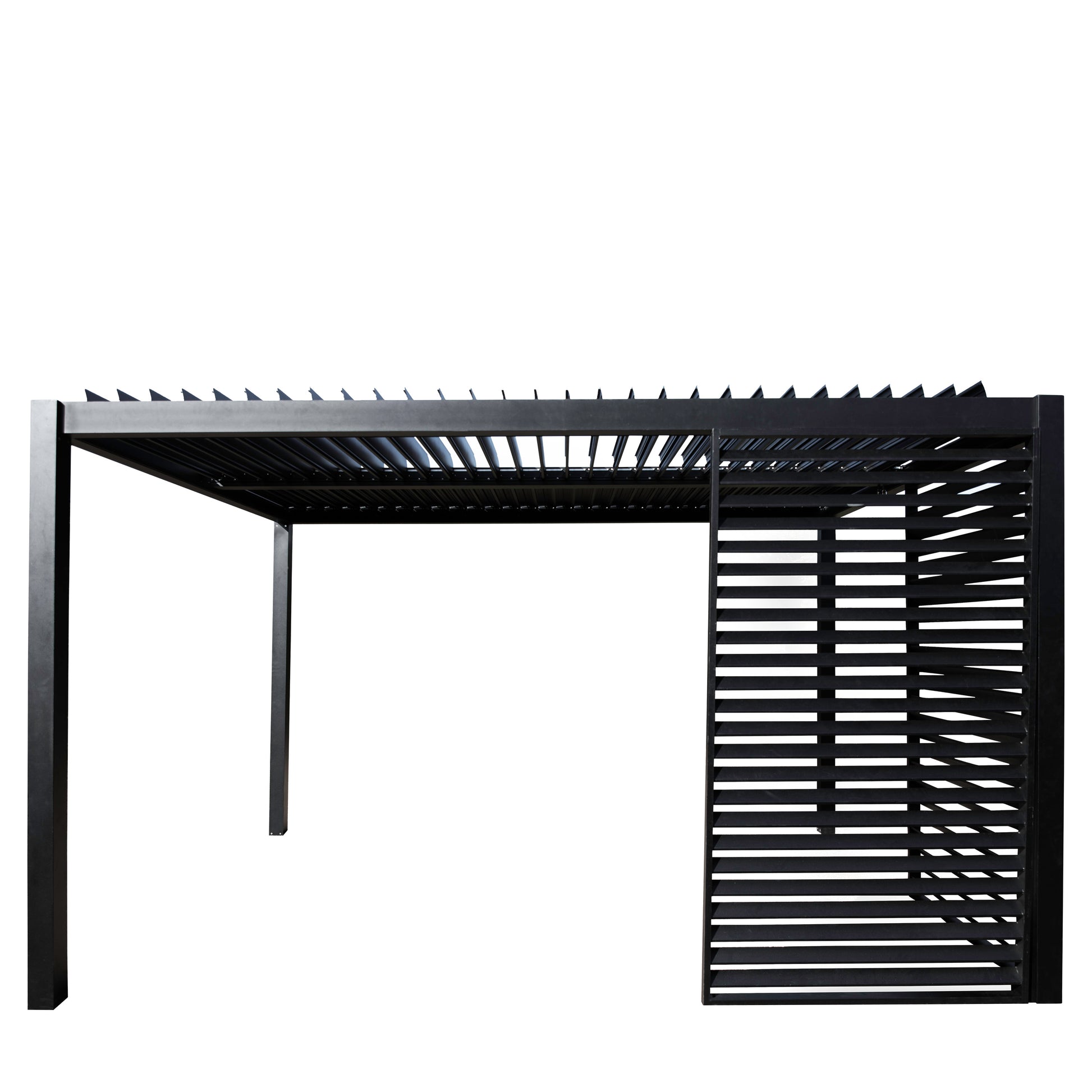 Gallery Garden Messina Pergola in Black features an aluminium frame with adjustable slatted roof. Slatted side panels are available to purchase separately