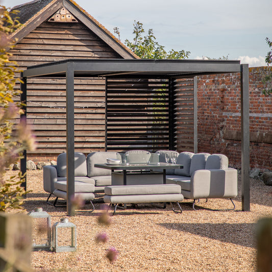 Gallery Garden Messina Pergola in Black aluminium with an adjustable louvred roof system operated by a handle winder with a watertight seal and integrated drainage channels