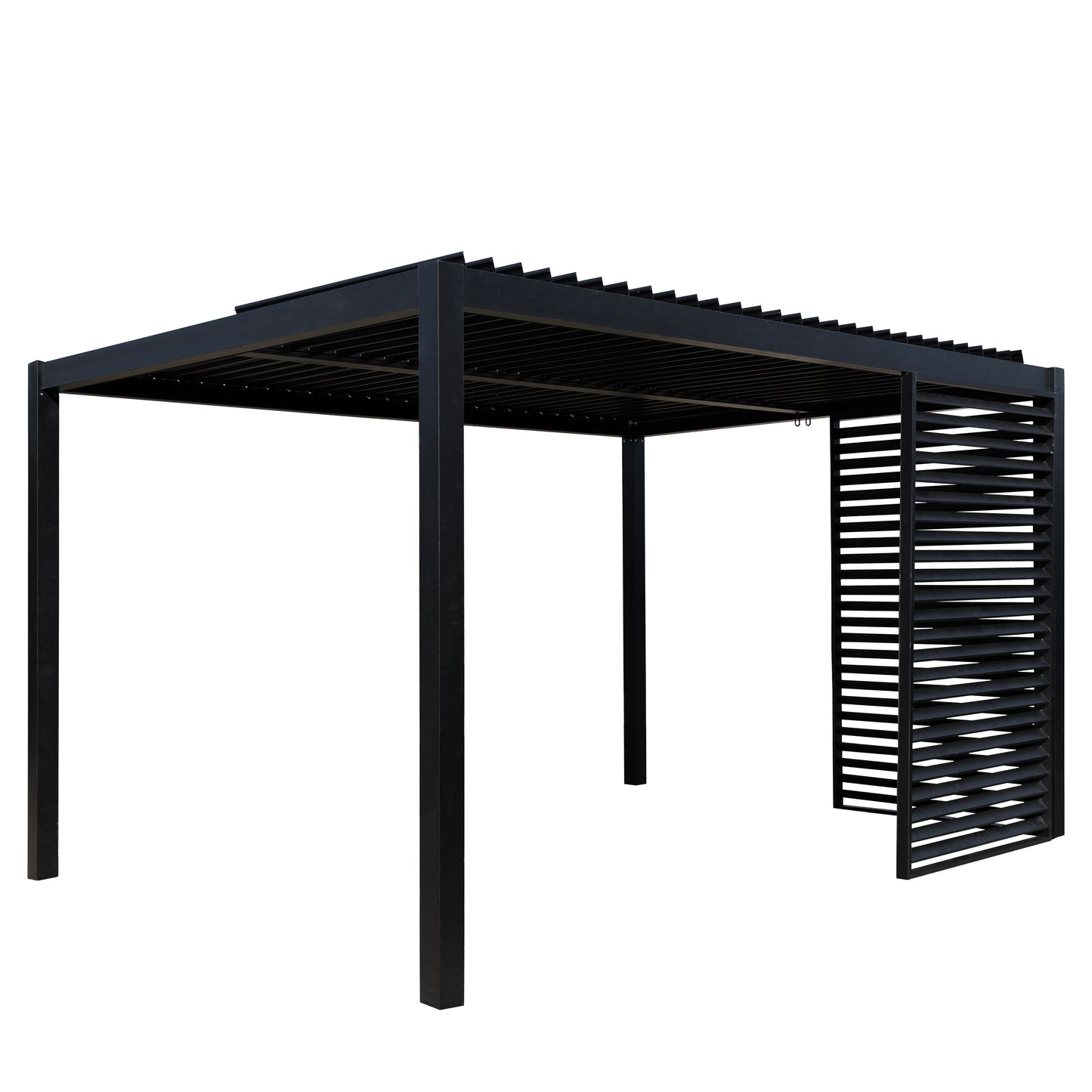 Gallery Garden Messina Black Pergola constructed from an aluminium frame with adjustable louvred roof. Coordinating slatted side screens are available separately