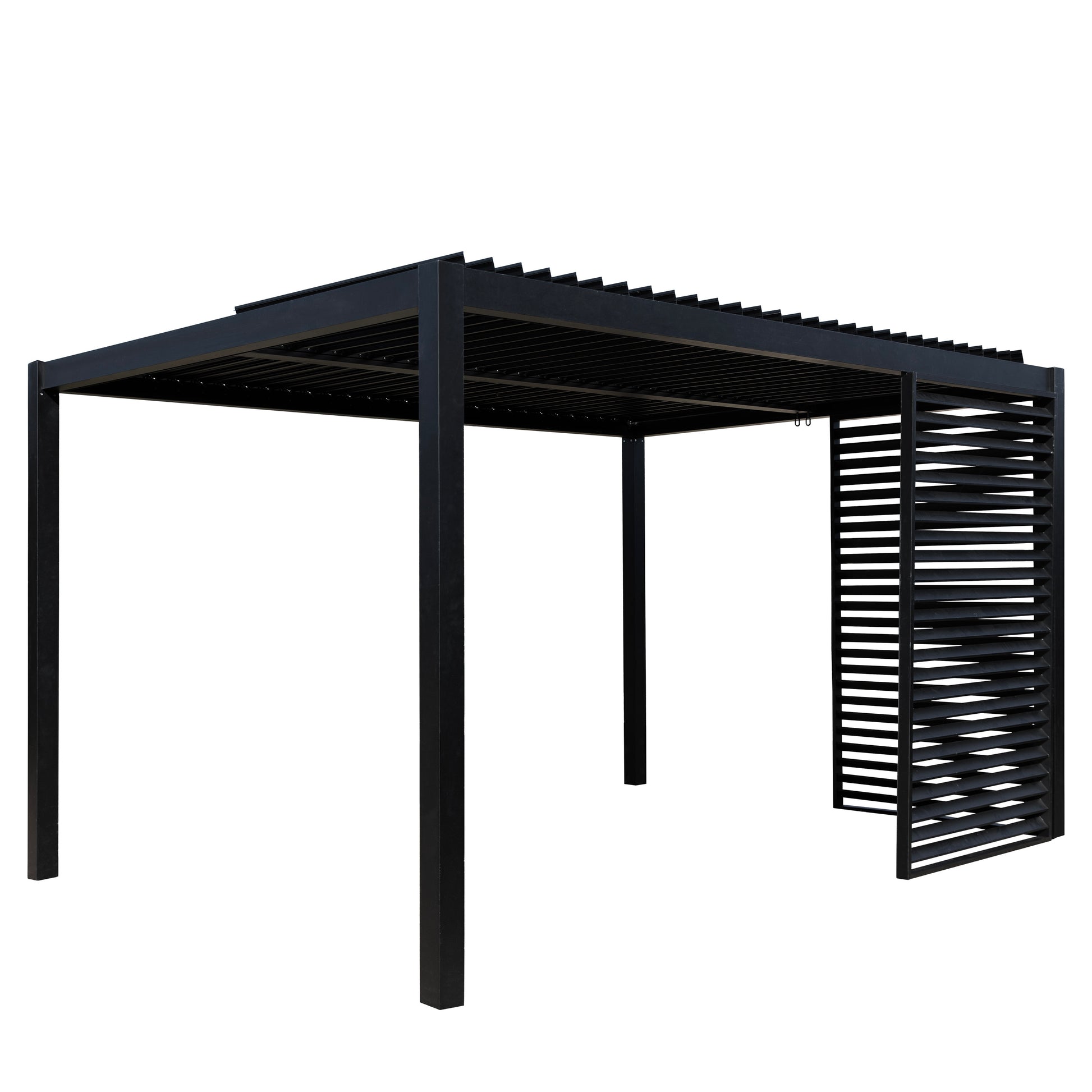 Gallery Garden Messina Black Pergola constructed from an aluminium frame with adjustable louvred roof. Coordinating slatted side screens are available separately