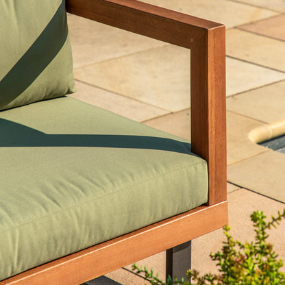 Gallery Garden Oad Corner Sofa Set features a eucalyptus solid wood frame with green cushions and black metal legs