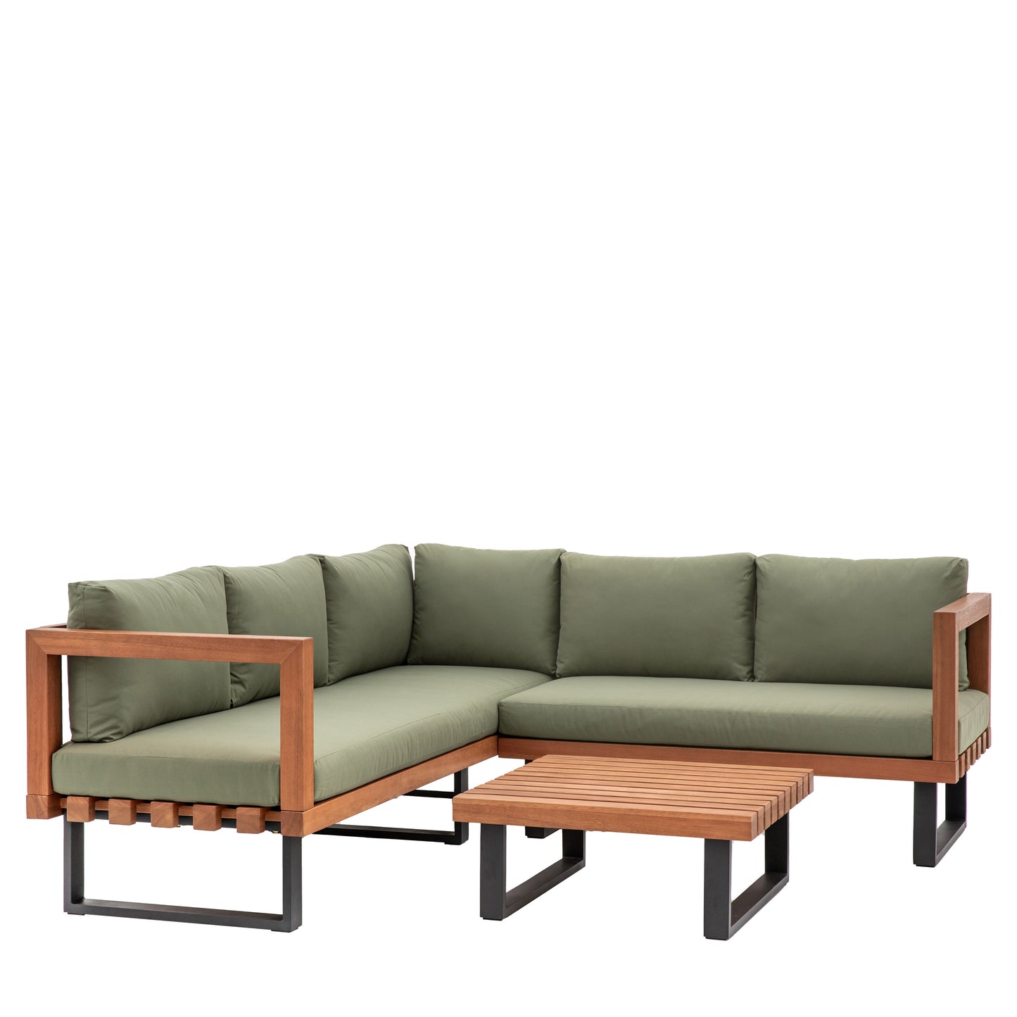 Gallery Garden Oad Corner Sofa Set features a 5 seater corner sofa and a coffee table, constructed from a eucalyptus wood frame, with black metal legs and green sofa cushions
