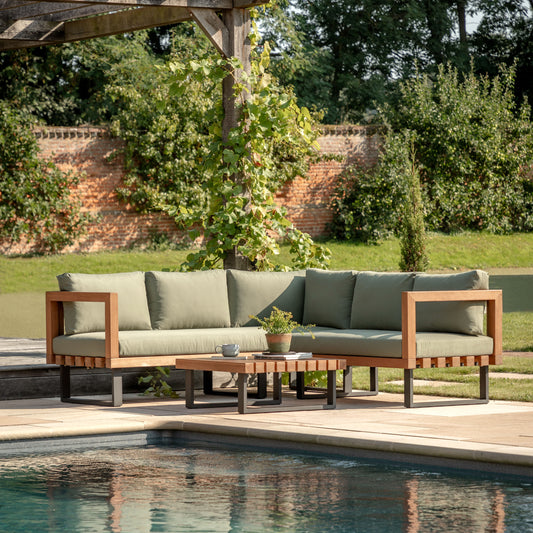 Gallery Garden Oad Corner Sofa Set comprises of a corner sofa with sumptuous green cushions and a slatted coffee table. Constructed from eucalyptus wood with an oiled finish, and dark powder coated metal legs