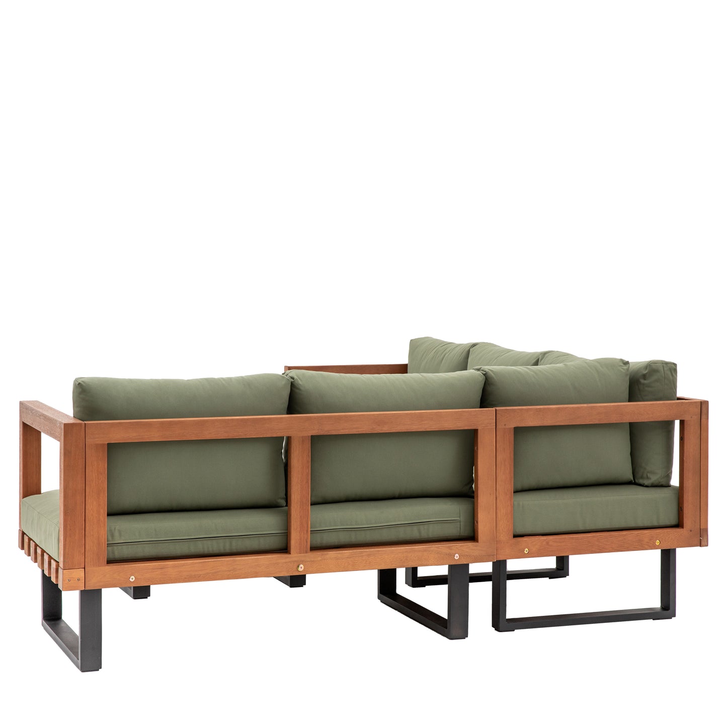 Gallery Garden Oad Corner Sofa Set features a eucalyptus wood frame, black powder coated metal legs and sumptuous green cushions