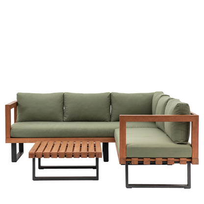 Gallery Garden Oad Corner Sofa Set constructed from eucalyptus wood with an oiled finish, features a corner sofa with green cushions and a slatted coffee table with black metal legs