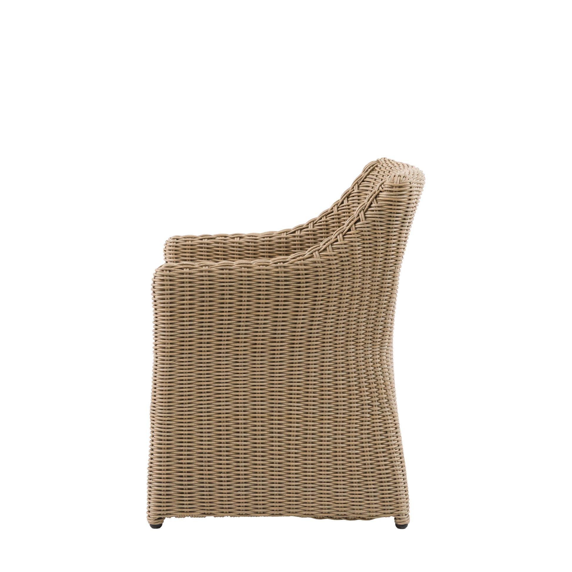 Gallery Garden Pair of Chatsworth Dining Chairs feature an ergonomic design with gently sloping arms, crafted from woven plastic wicker for durability