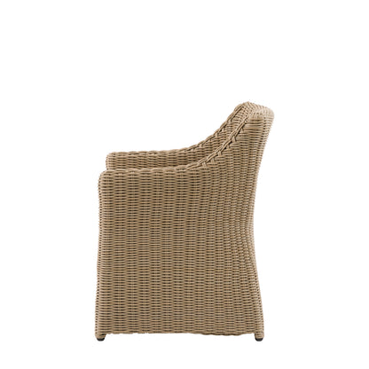 Gallery Garden Pair of Chatsworth Dining Chairs feature an ergonomic design with gently sloping arms, crafted from woven plastic wicker for durability