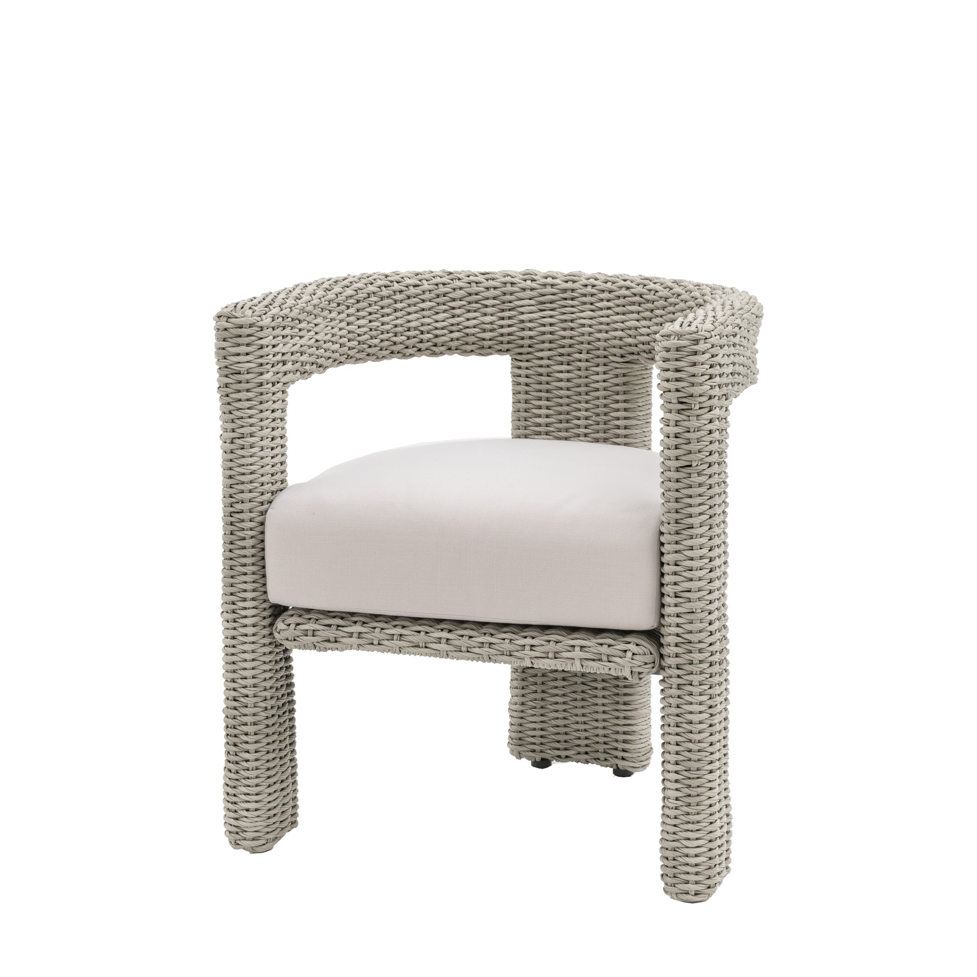 Gallery Garden Pair of Hvar Dining Chairs feature a wicker frame in a neutral grey tone, with curved design and a generous padded seat cushion