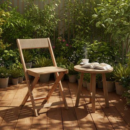 Gallery Garden Pair of Lindos Outdoor Chairs in Natural Acacia wood with rope detail on the backrest, these chairs fold away for easy storage