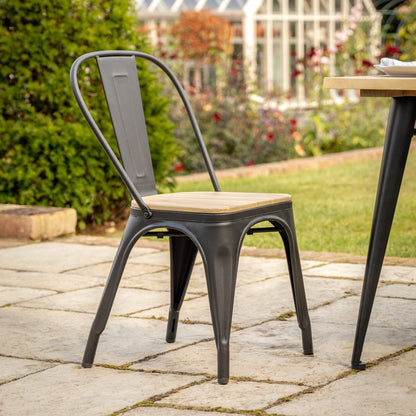 Gallery Garden Pair of Ponza Dining Chairs in Black metal with a natural acacia wood seat for an industrial contemporary look and feel