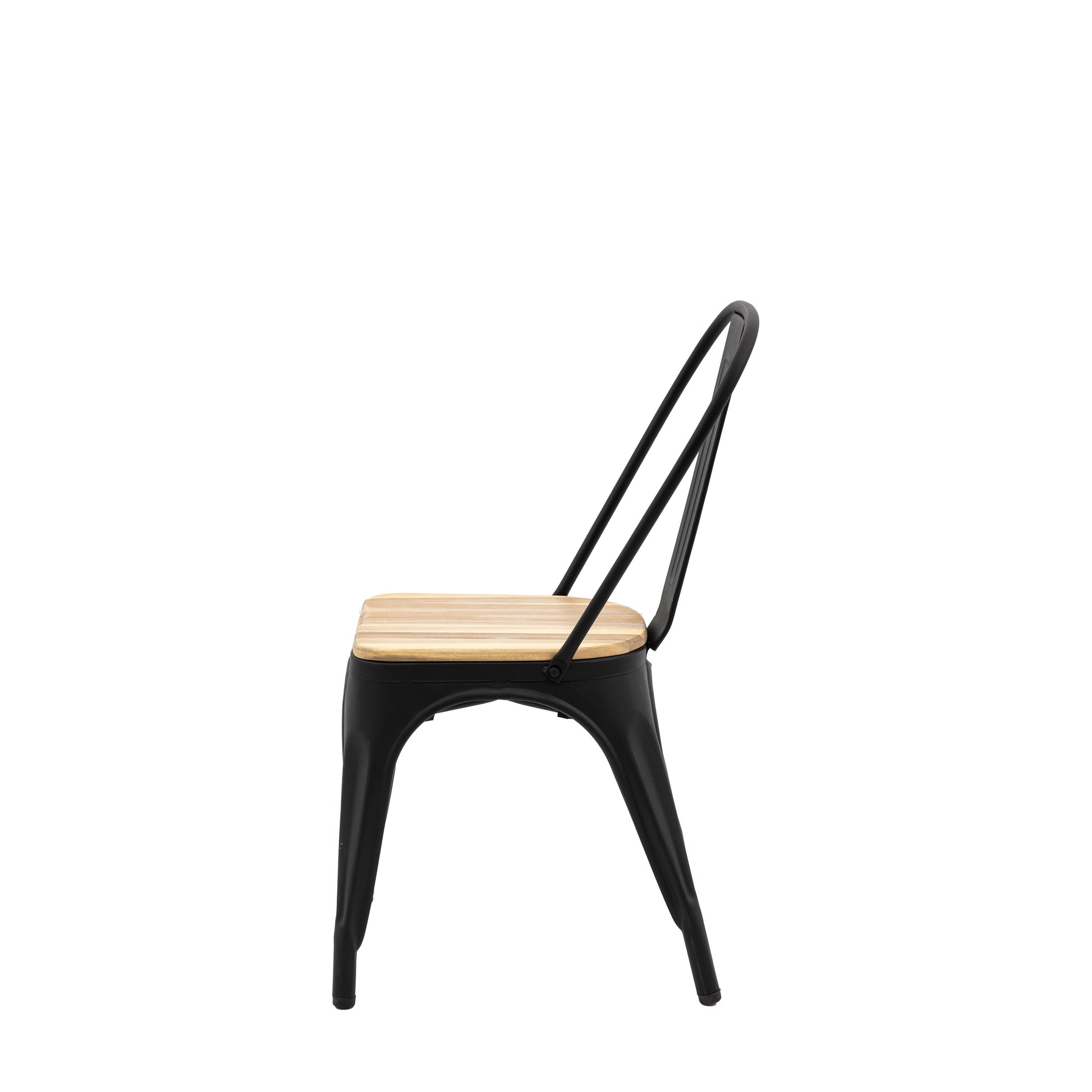 Gallery Garden Pair of Black Ponza Dining Chairs with a powder coated metal frame and an acacia wood seat